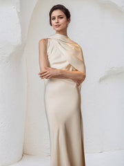 Champagne Satin Halter Neck Sleeveless Floor Length Mermaid Dress
