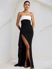Black Chiffon Off the Shoulder Sleeveless Asymmetrical Length Dress With High Slit