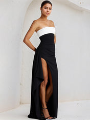 Black Chiffon Off the Shoulder Sleeveless Asymmetrical Length Dress With High Slit