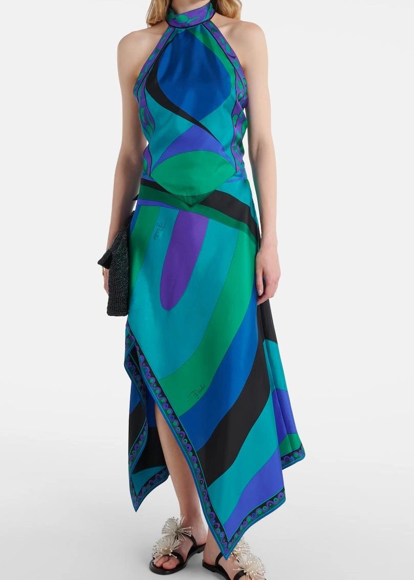 Satin Halter Neck Mini Top & Scarf Print Mid Waist Midi Skirt Set