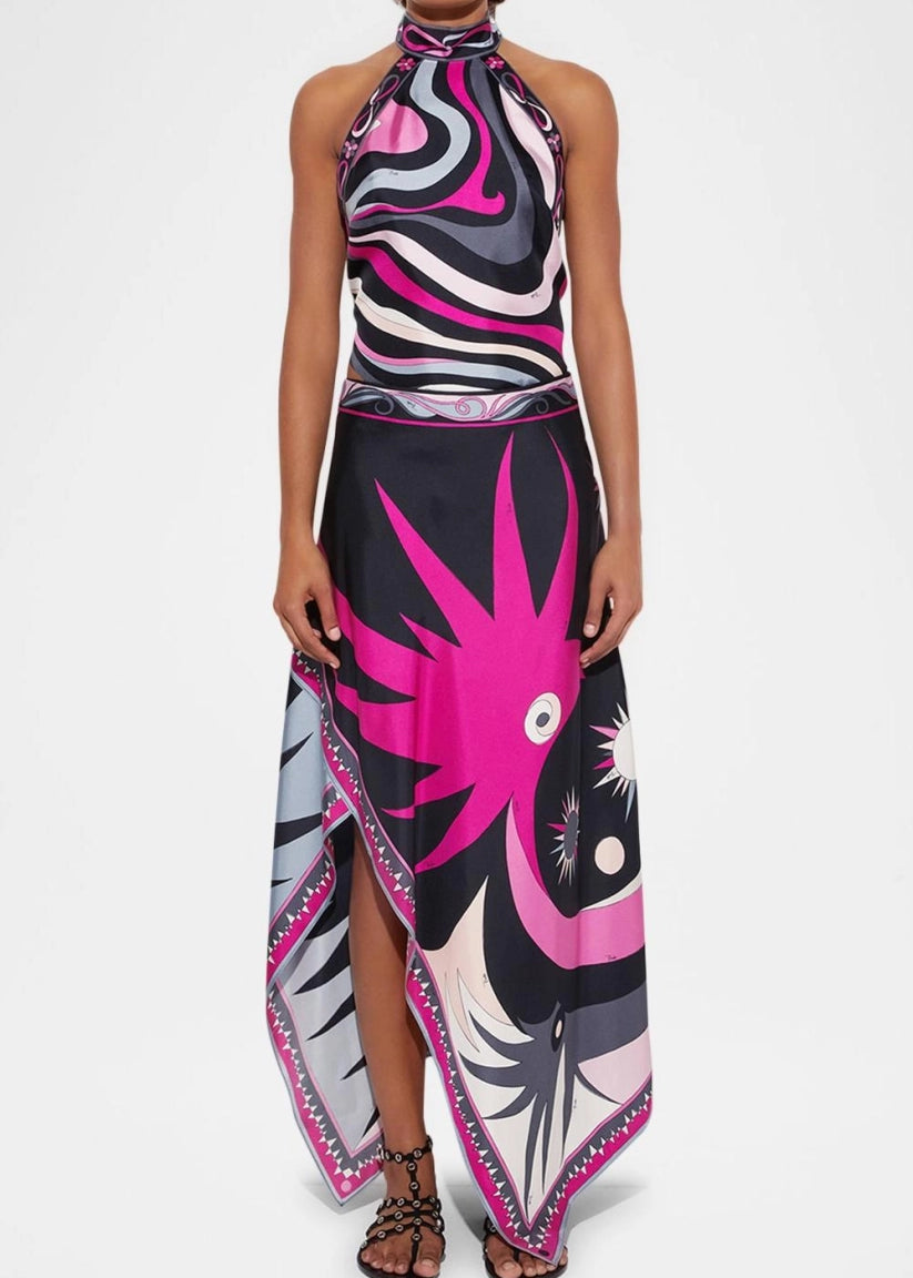Satin Halter Neck Mini Top & Scarf Print Mid Waist Midi Skirt Set