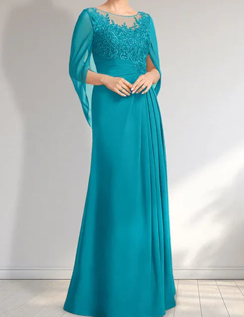 Robe de mère de la mariée trapèze en mousseline de soie et dentelle, longueur au sol, avec décolleté en V et paillettes plissées