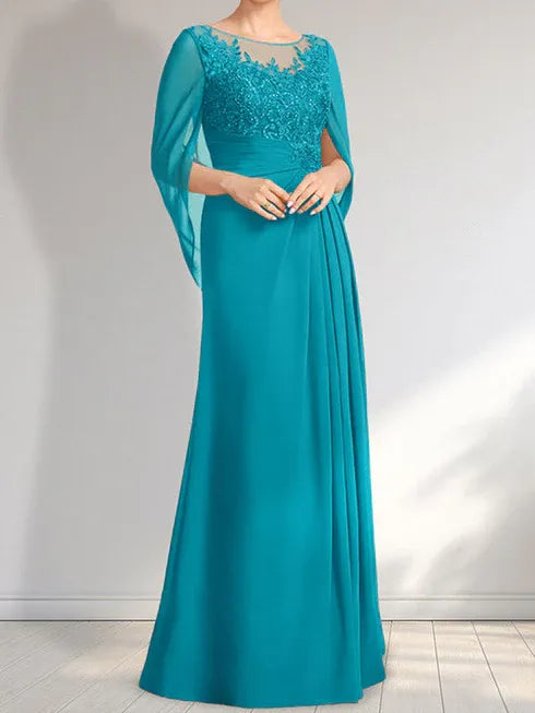 Robe de mère de la mariée trapèze en mousseline de soie et dentelle, longueur au sol, avec décolleté en V et paillettes plissées