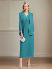 Sheath/Column Chiffon V Neck 3/4 Sleeves Tea Length Mother Of The Bride Dress