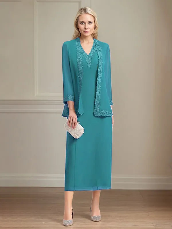 4 Sleeves Tea Length Mother Of The Bride Dress