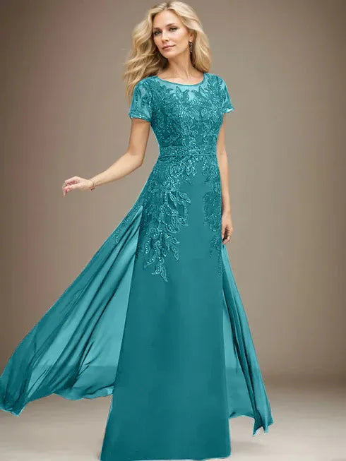 Column Scoop Illusion Floor-Length Lace Chiffon Mother of the Bride Dress With Sequins
