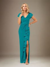 Sheath/Column V Neck Short Sleeve Floor Length Chiffon Dress With Cascading Ruffles