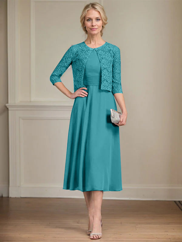 A-line Scoop Tea-Length Chiffon Mother of the Bride Dress With Pleated