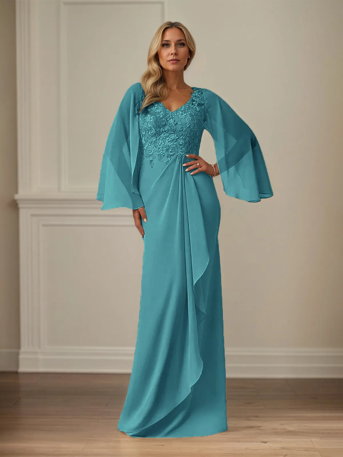 Column Chiffon V Neck Long Sleeves Floor Length Mother of the Bride Dresses With Appliques