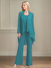 Chiffon Scoop Neck Long Sleeves Floor Length Mother Of The Bride Pantsuits