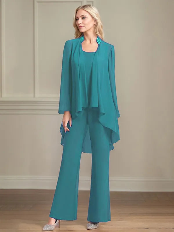 Chiffon Scoop Neck Long Sleeves Floor Length Mother Of The Bride Pantsuits