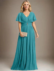 A-line V-Neck Floor-Length Chiffon Mother of the Bride Dress With Crystal Brooch Pleated