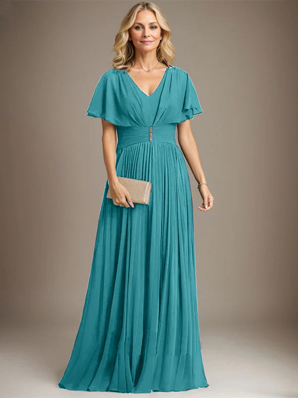 A-line V-Neck Floor-Length Chiffon Mother of the Bride Dress With Crystal Brooch Pleated
