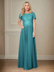 A Line Chiffon Boat Neck Short Sleeves Floor Length Pleated Mother of the Bride Dresses