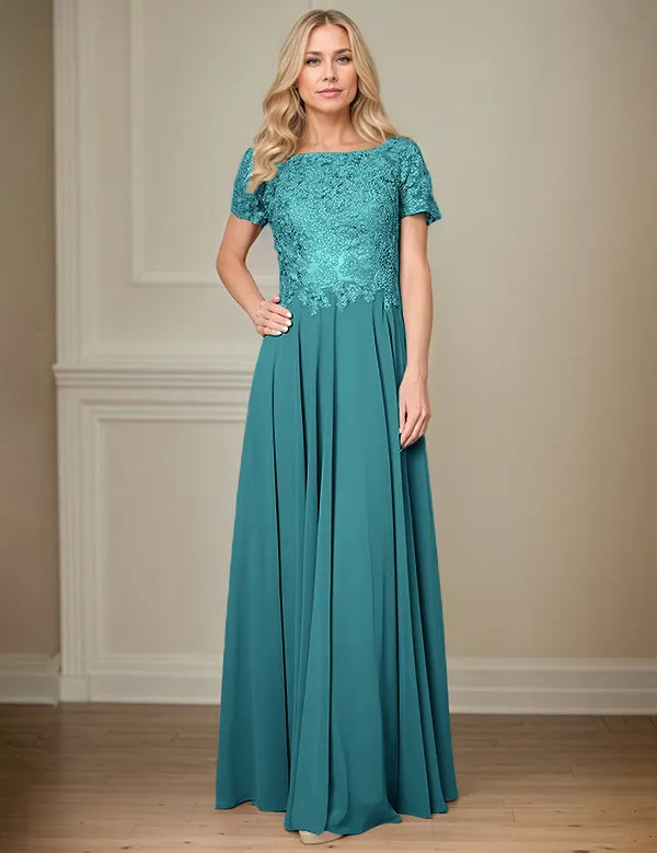 A Line Chiffon Boat Neck Short Sleeves Floor Length Pleated Mother of the Bride Dresses