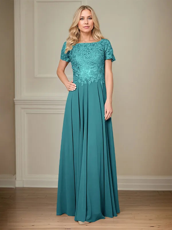 A Line Chiffon Boat Neck Short Sleeves Floor Length Pleated Mother of the Bride Dresses