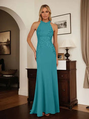 Dusty Blue Sheath Halter Long Mother of Bride Dress With Appliques