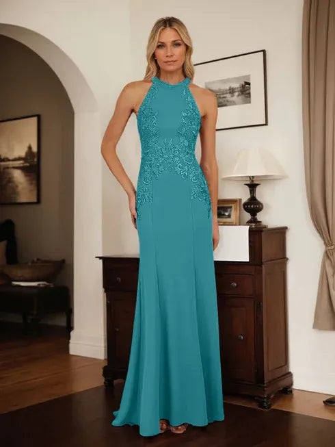 Dusty Blue Sheath Halter Long Mother of Bride Dress With Appliques