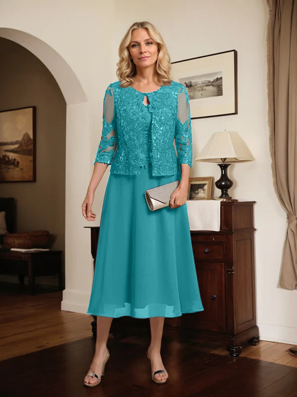 A-line Scoop Tea-Length Lace Chiffon Mother of the Bride Dress With Sequins