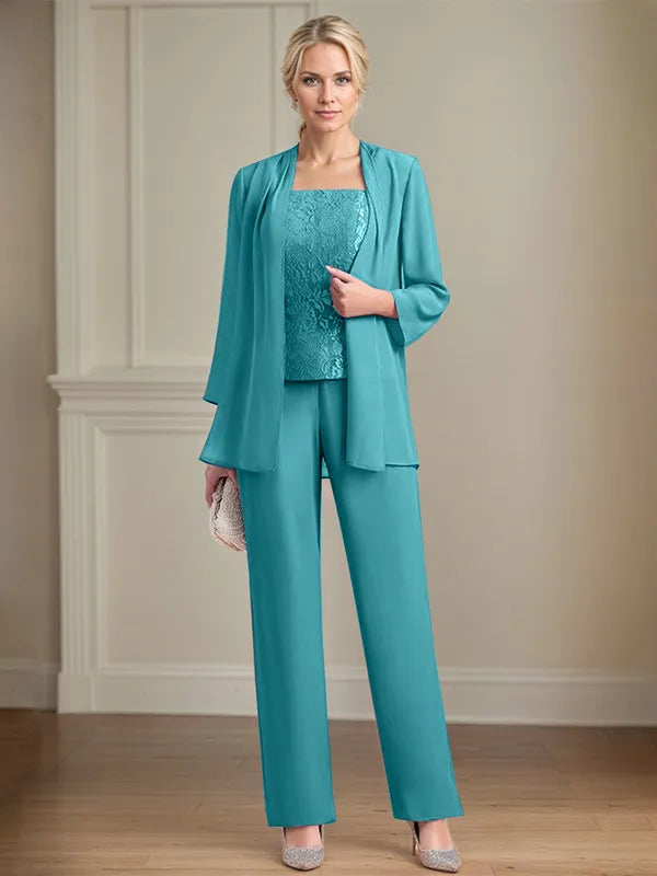 Chiffon Square Neck Sleeveless Floor Length Mother of the Bride Pantsuits
