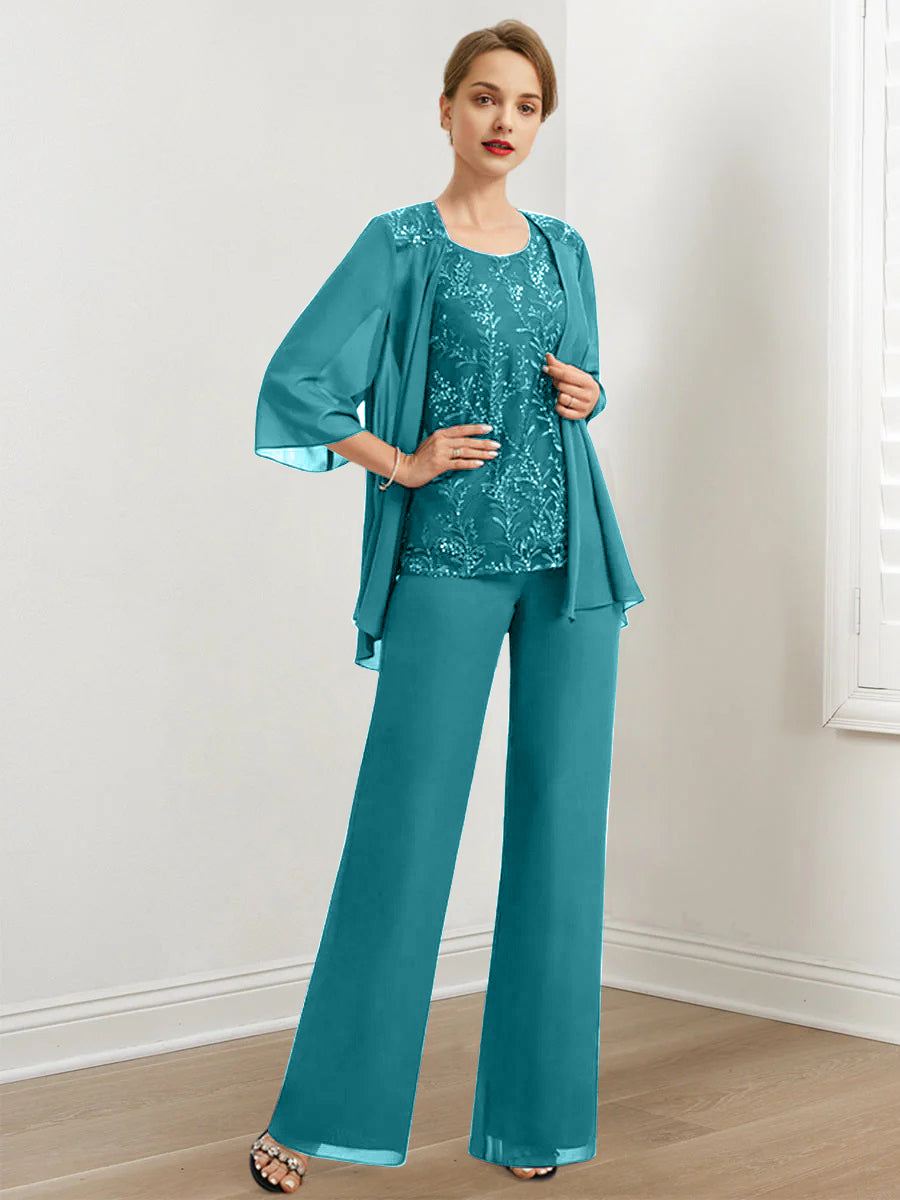 Chiffon Mother of the Bride Pantsuits with Sequins & Jacket