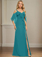 Sheath/Column Cold Shoulder V-Neck Floor-Length Chiffon Dress With Cascading Ruffles Sequins Beading