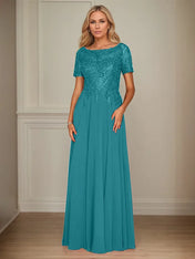A Line Chiffon Boat Neck Short Sleeves Floor Length Mother of the Bride Dresses
