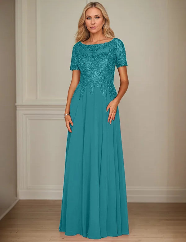 A Line Chiffon Boat Neck Short Sleeves Floor Length Mother of the Bride Dresses