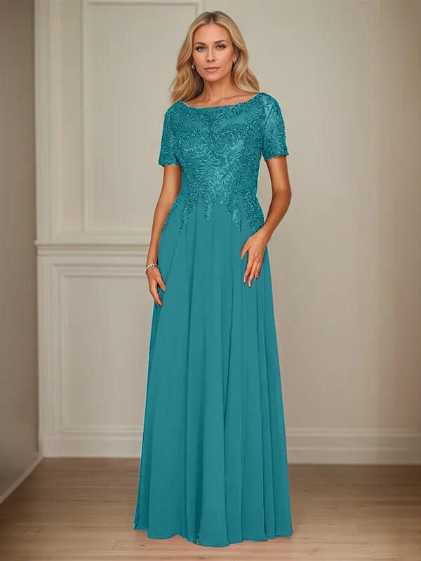 A Line Chiffon Boat Neck Short Sleeves Floor Length Mother of the Bride Dresses