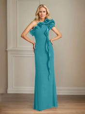 Navy Stretch Crepe Sheath/Column One Shoulder Floor Length Mother of the Bride Dresses With Ruffles