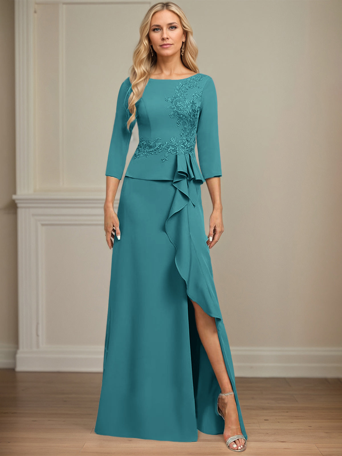 Column Scoop Floor-Length Stretch Crepe Dress With Cascading Ruffles Appliques