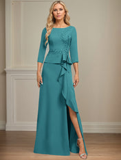 Sheath/Column Scoop Floor-Length Stretch Crepe Dress With Cascading Ruffles Appliques