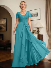 A-line Sweetheart Floor-Length Chiffon Lace Mother of the Bride Dress With Beading Cascading Ruffles