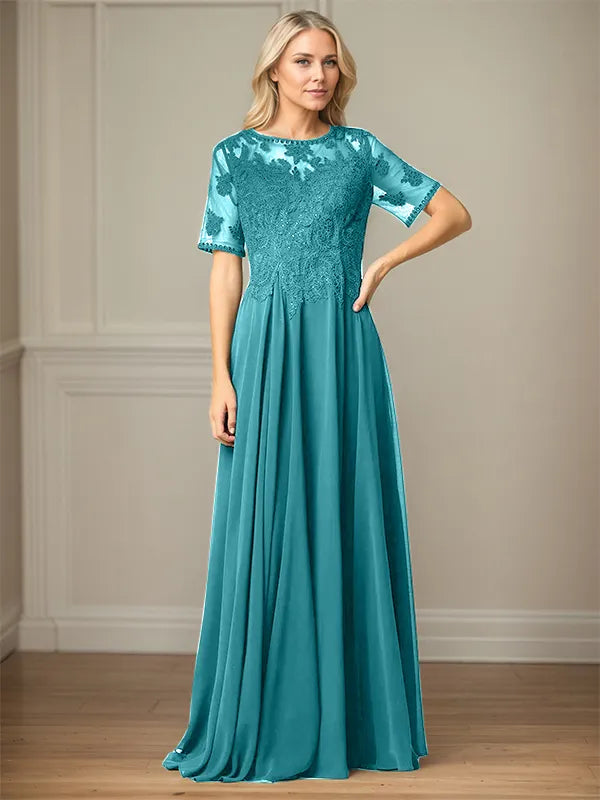 A Line Chiffon Scoop Neck Short Sleeves Floor Length Mother of the Bride Dresses