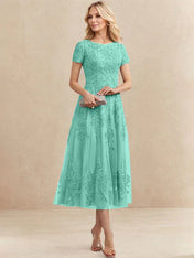 A-line Scoop Tea-Length Tulle Lace Mother of the Bride Dress