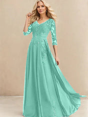 A-line V-Neck Floor-Length Lace Chiffon Mother of the Bride Dress With Sequins