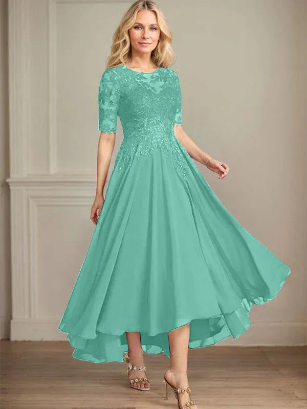 A-line Scoop Illusion Asymmetrical Chiffon Lace Mother of the Bride Dress With Sequins