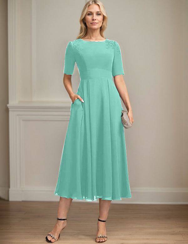 A-line Scoop Tea-Length Chiffon Mother of the Bride Dress With Appliques Lace Sequins