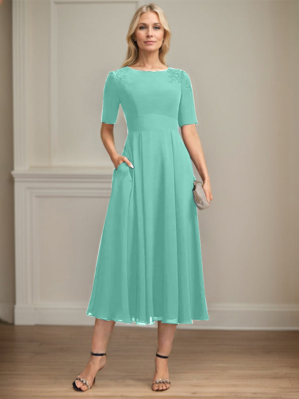A-line Scoop Tea-Length Chiffon Mother of the Bride Dress With Appliques Lace Sequins