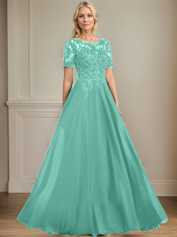 A-line Scoop Illusion Floor-Length Chiffon Lace Mother of the Bride Dress With Sequins Beading