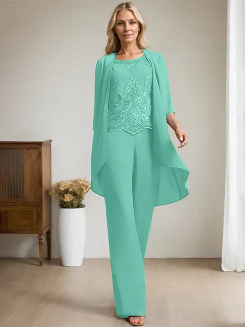 Pantsuit Scoop Floor-Length Chiffon Lace Mother of the Bride Dress With Beading Sequins