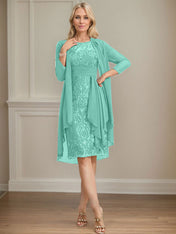 Sheath/Column Scoop Illusion Knee-Length Lace Chiffon Mother of the Bride Dress With Cascading Ruffles Sequins