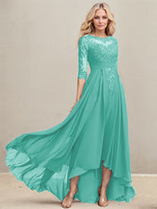 A-line Scoop Illusion Asymmetrical Lace Chiffon Mother of the Bride Dress With Pleated Sequins