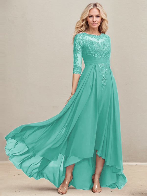 A-line Scoop Illusion Asymmetrical Lace Chiffon Mother of the Bride Dress With Pleated Sequins