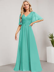 A-line V-Neck Floor-Length Lace Chiffon Mother of the Bride Dress With Sequins