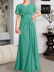 A-line Scoop Floor-Length Chiffon Mother of the Bride Dress With Pleated Beading