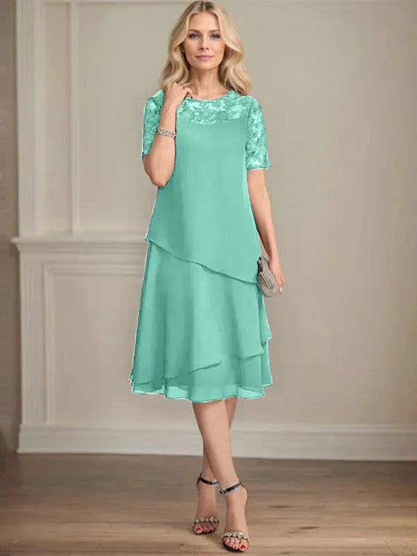 A-line Scoop Illusion Knee-Length Lace Chiffon Mother of the Bride Dress With Sequins