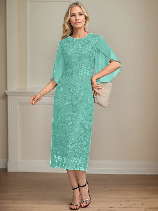 Column Scoop Tea-Length Lace Chiffon Mother of the Bride Dress