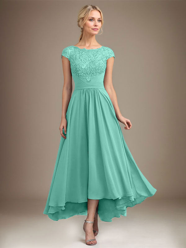 A-line Scoop Illusion Asymmetrical Lace Chiffon Mother of the Bride Dress With Pleated