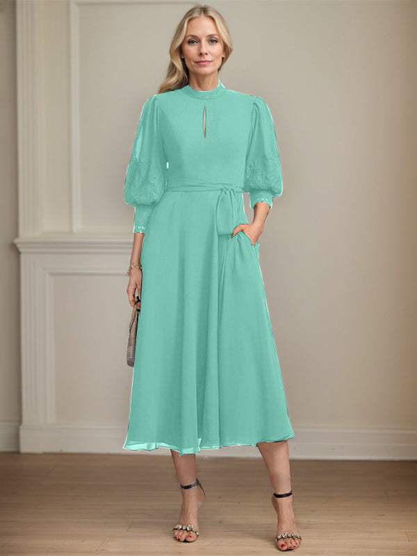 A-line High Neck Tea-Length Lace Chiffon Mother of the Bride Dress With Bow